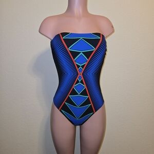 Strapless Blue Geometric One-Piece Swimsuit